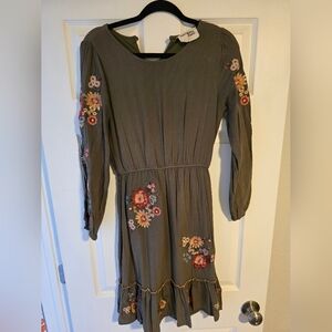 Savanna Jane Olive Green Long Sleeve Floral Embroidered Dress